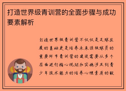打造世界级青训营的全面步骤与成功要素解析